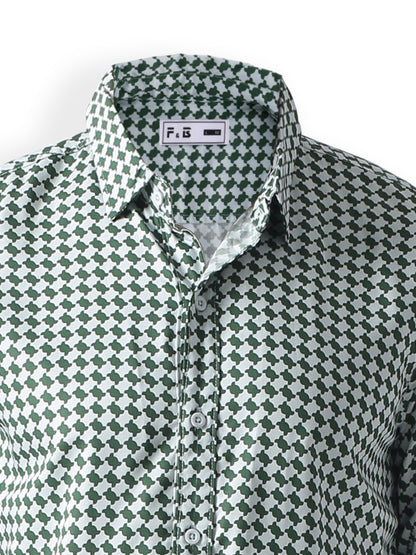 Green printed twill weave casual shirt ,has a spread collar, button placket, long regular sleeves, curved hem