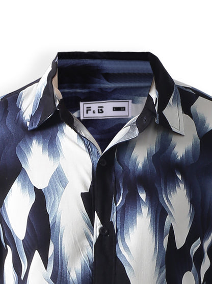 Navy printed plain weave casual shirt ,has a spread collar, button placket, long regular sleeves, curved hem