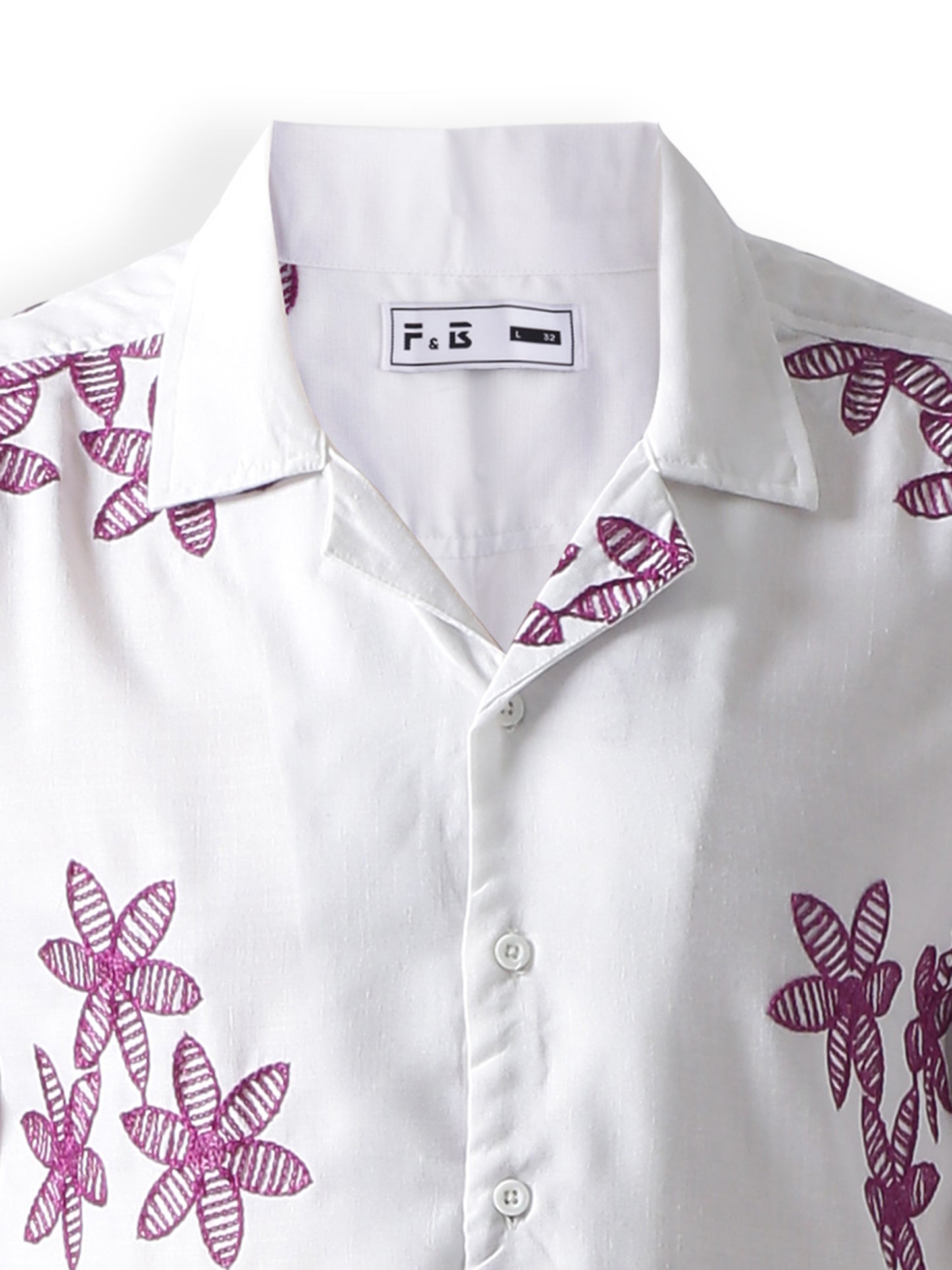 Purple niddle work Casual shirt ,has a cuban collar, button placket, short regular sleeves, straight hem