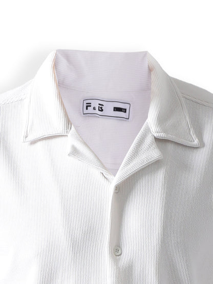 Cream Stripe Casual Shirt, Has A Cuban Collar, Button Placket, Short Regular Sleeves, Straight Hem