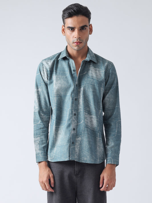 F&B Men's Cotton Slim Fit Denim Printed Cuban Collar Full Sleeve Shirt Deep Teal