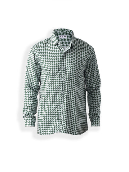 Green printed twill weave casual shirt ,has a spread collar, button placket, long regular sleeves, curved hem