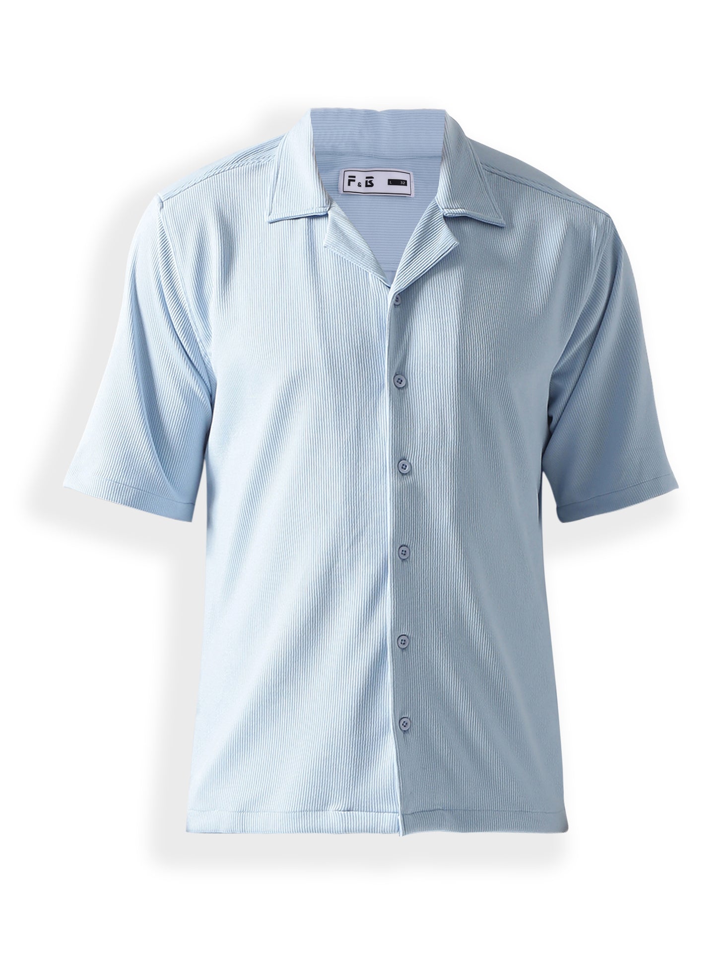 Sky Blue Stripe Casual Shirt, Has A Cuban Collar, Button Placket, Short Regular Sleeves, Straight Hem