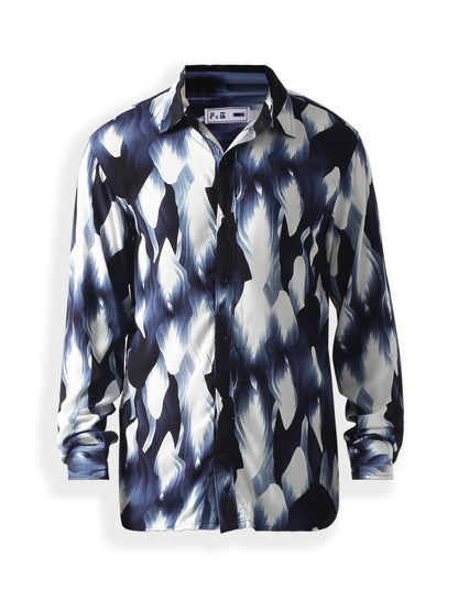 Navy printed plain weave casual shirt ,has a spread collar, button placket, long regular sleeves, curved hem