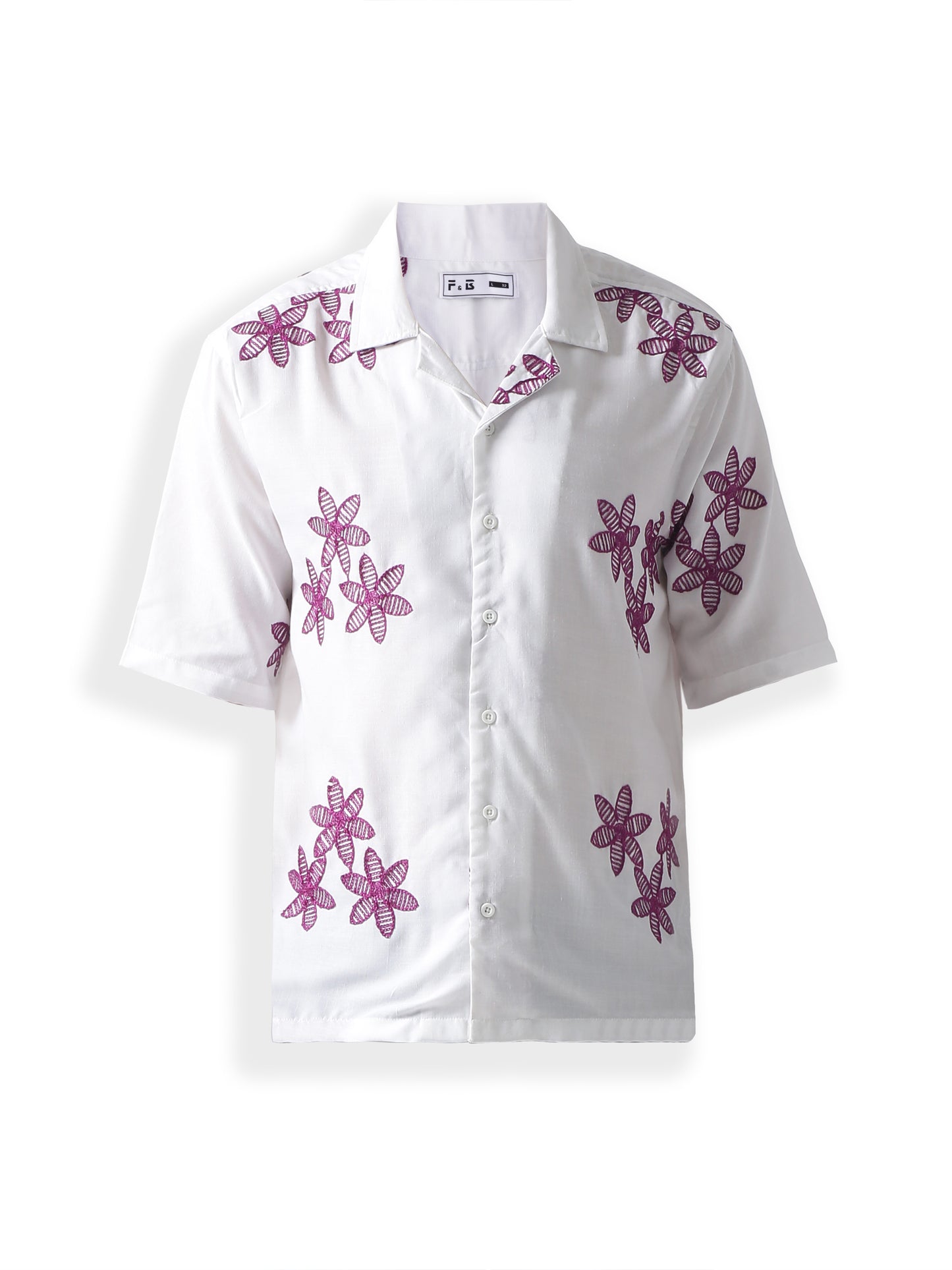 Purple niddle work Casual shirt ,has a cuban collar, button placket, short regular sleeves, straight hem