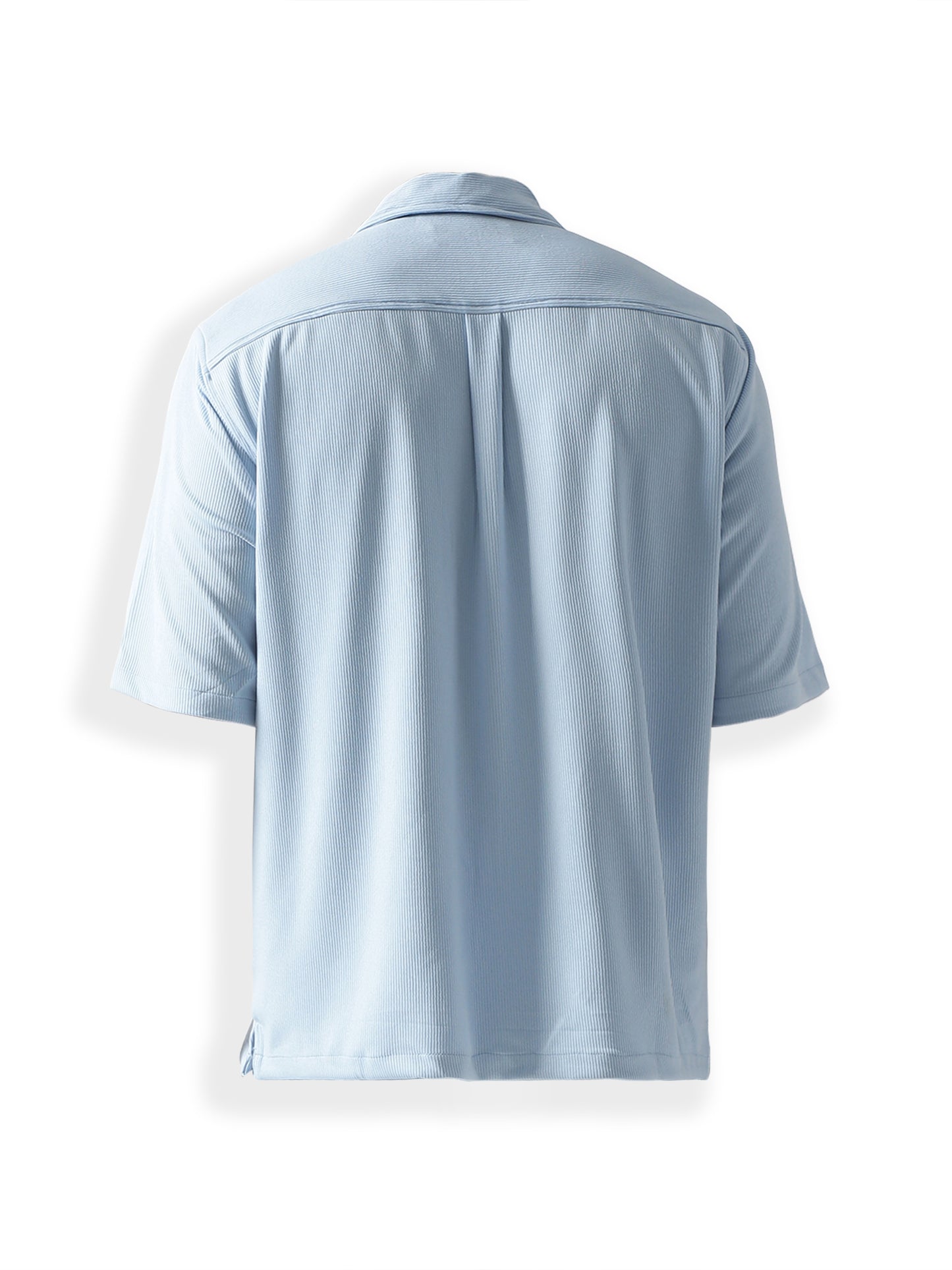 Sky Blue Stripe Casual Shirt, Has A Cuban Collar, Button Placket, Short Regular Sleeves, Straight Hem