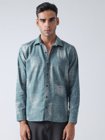 F&B Men's Cotton Slim Fit Denim Printed Cuban Collar Full Sleeve Shirt Deep Teal