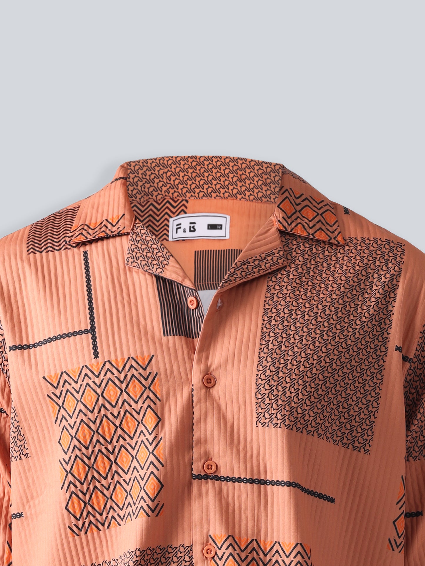 F&B Men's Polyester Oversized Fit Cuban Collar Turkey Striped Digital Printed Half Sleeve Shirt Burnt Orange