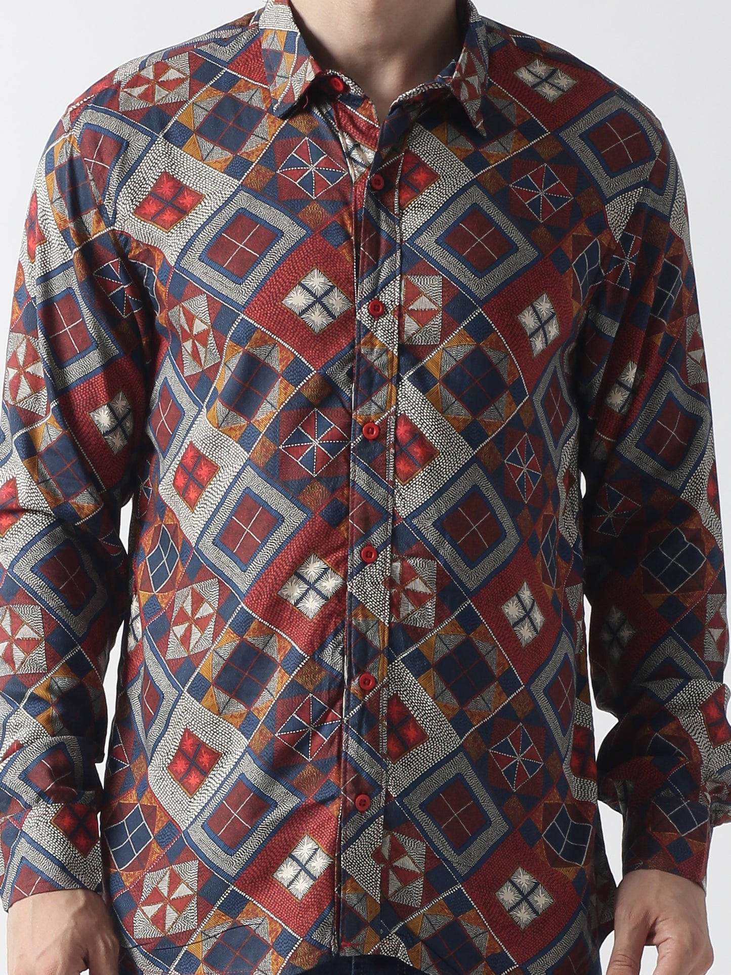 Multi printed plain weave casual shirt ,has a spread collar, button placket, long regular sleeves, curved hem