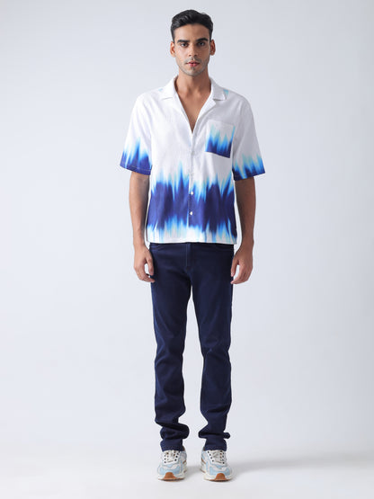 F&B Men's Polyester Oversized Cuban Collar Turkey Stripe With Tie and Dye Print Half Sleeve Shirt White and Blue