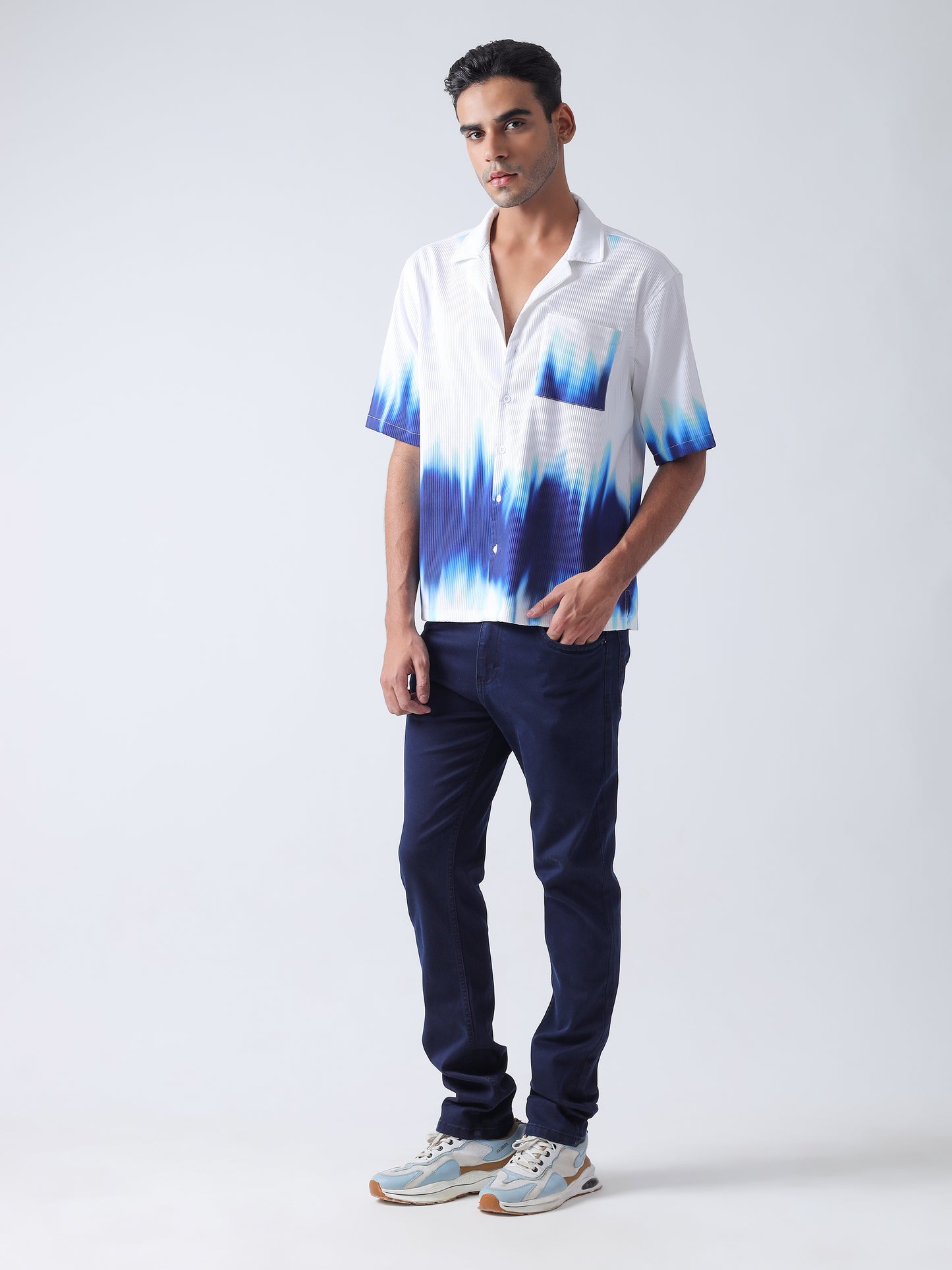 F&B Men's Polyester Oversized Cuban Collar Turkey Stripe With Tie and Dye Print Half Sleeve Shirt White and Blue