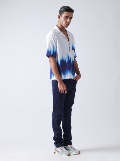 F&B Men's Polyester Oversized Cuban Collar Turkey Stripe With Tie and Dye Print Half Sleeve Shirt White and Blue