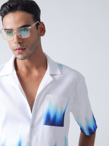 F&B Men's Polyester Oversized Cuban Collar Turkey Stripe With Tie and Dye Print Half Sleeve Shirt White and Blue