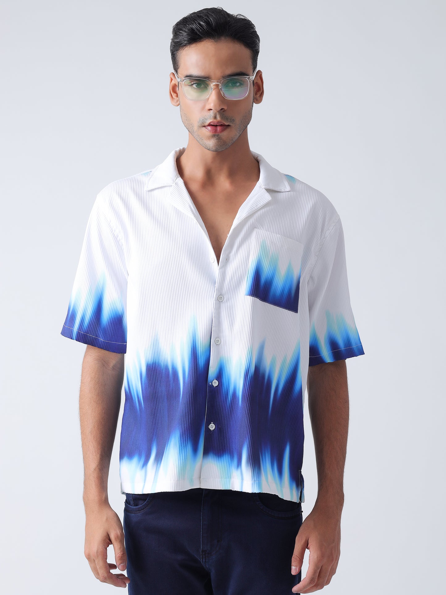 F&B Men's Polyester Oversized Cuban Collar Turkey Stripe With Tie and Dye Print Half Sleeve Shirt White and Blue