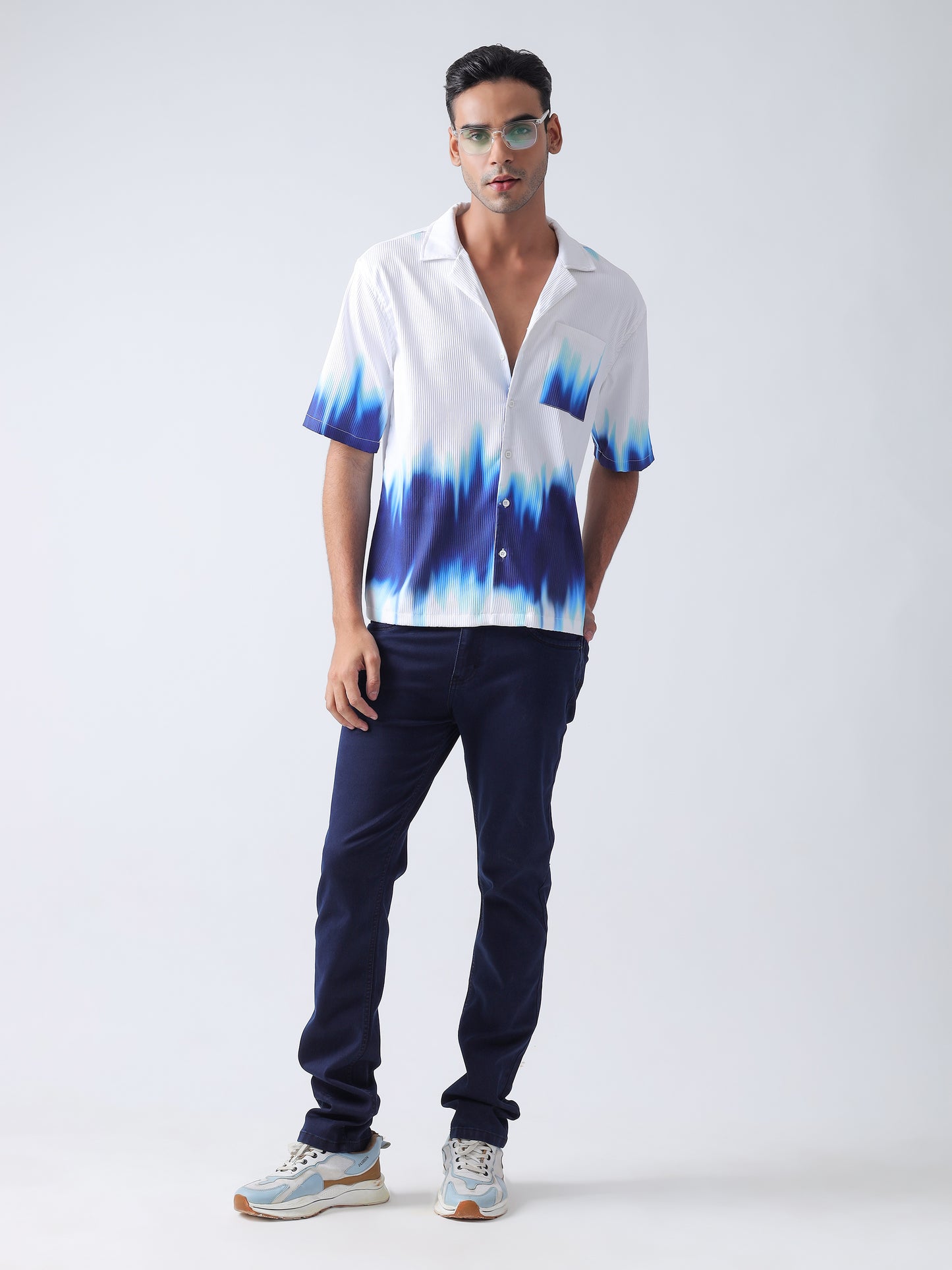 F&B Men's Polyester Oversized Cuban Collar Turkey Stripe With Tie and Dye Print Half Sleeve Shirt White and Blue