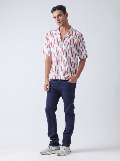 Maroon Printed Casual Shirt, Has A Cuban Collar, Button Placket, Short Regular Sleeves, Straight Hem