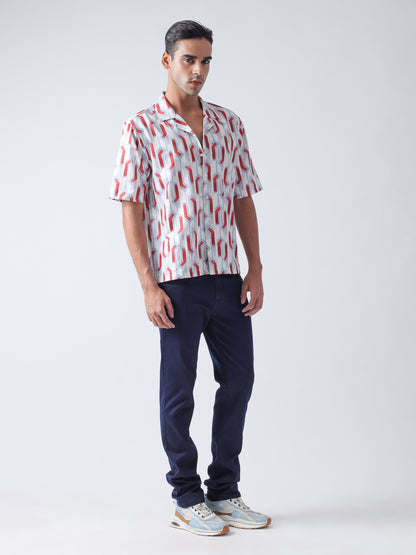 Maroon Printed Casual Shirt, Has A Cuban Collar, Button Placket, Short Regular Sleeves, Straight Hem