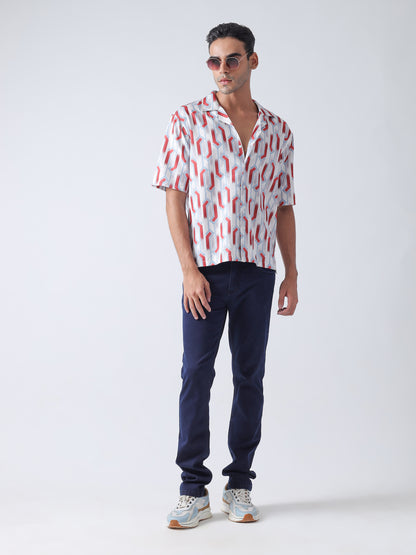 Maroon Printed Casual Shirt, Has A Cuban Collar, Button Placket, Short Regular Sleeves, Straight Hem