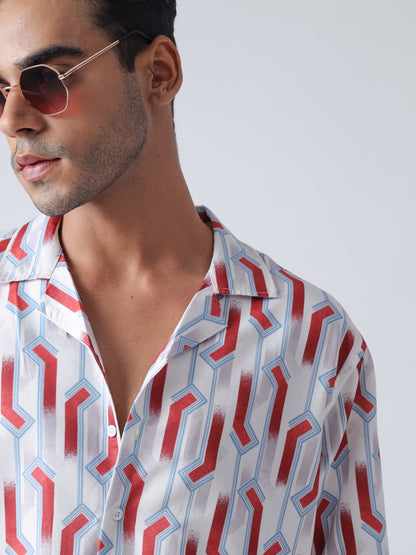 Maroon Printed Casual Shirt, Has A Cuban Collar, Button Placket, Short Regular Sleeves, Straight Hem