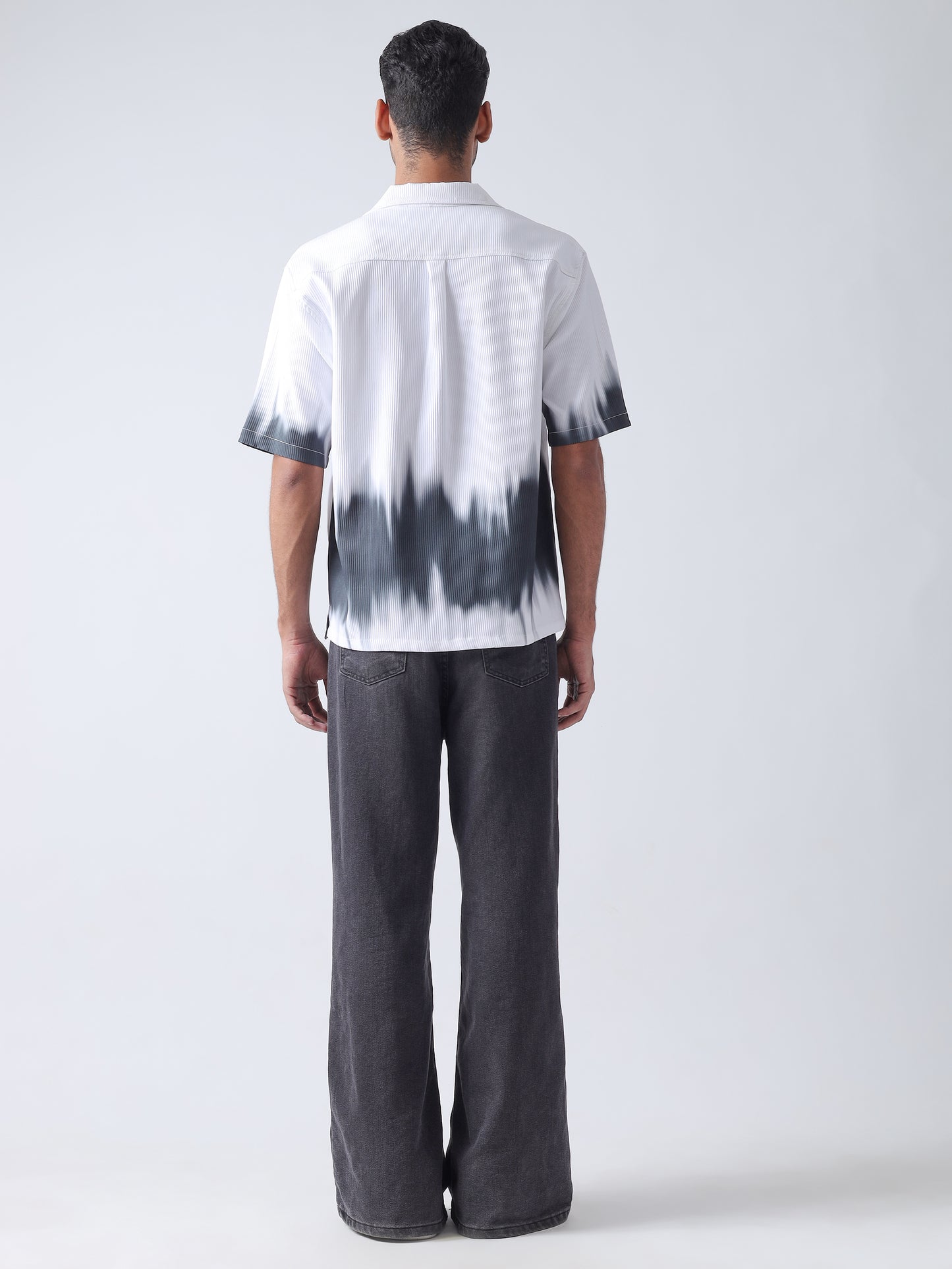 F&B Men's Polyester Oversized Cuban Collar Turkey Stripe With Tie and Dye Print Half Sleeve Shirt White and Black