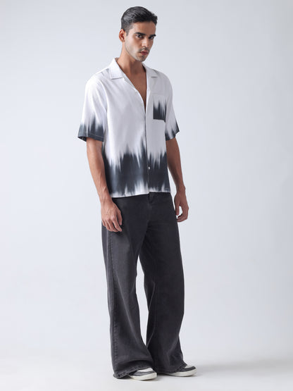 F&B Men's Polyester Oversized Cuban Collar Turkey Stripe With Tie and Dye Print Half Sleeve Shirt White and Black