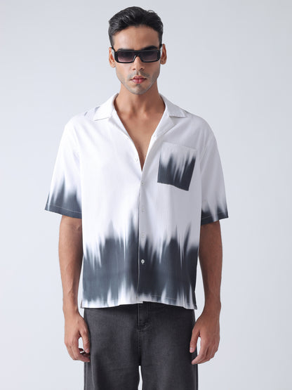 F&B Men's Polyester Oversized Cuban Collar Turkey Stripe With Tie and Dye Print Half Sleeve Shirt White and Black