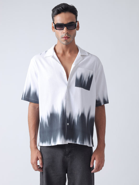 F&B Men's Polyester Oversized Cuban Collar Turkey Stripe With Tie and Dye Print Half Sleeve Shirt White and Black