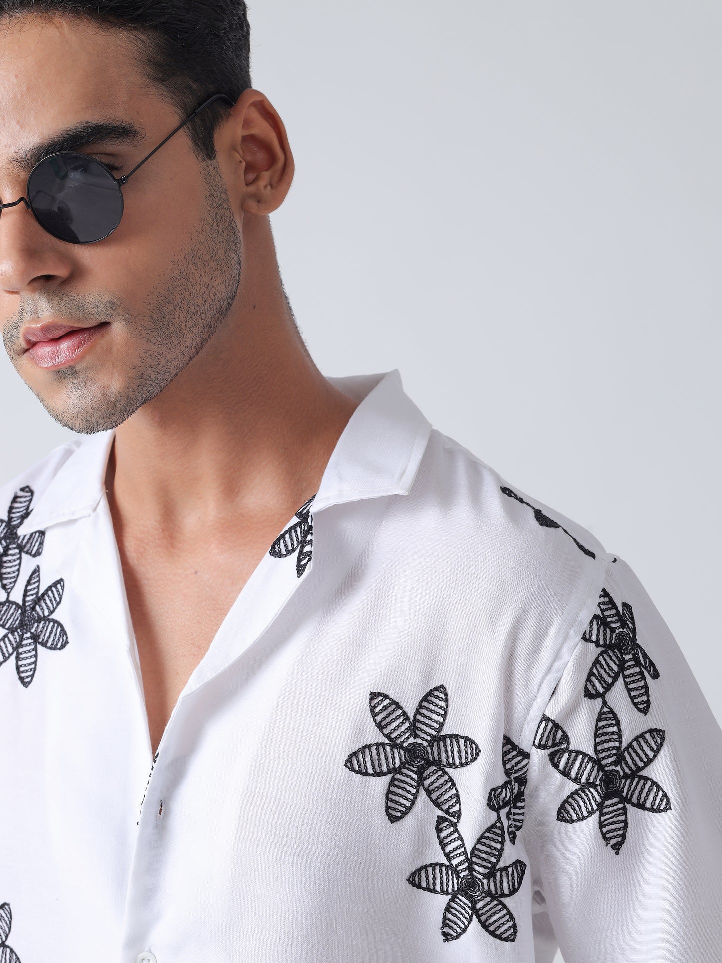 F&B Men's Pure Cotton Oversized Floral Embroidered Cuban Collar Half Sleeve Shirt White