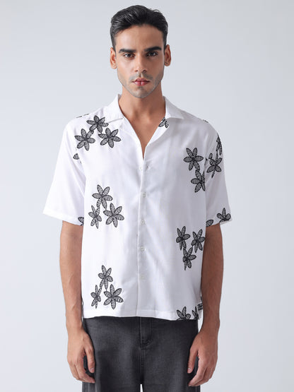 F&B Men's Pure Cotton Oversized Floral Embroidered Cuban Collar Half Sleeve Shirt White