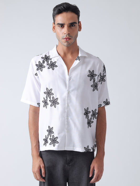 F&B Men's Pure Cotton Oversized Floral Embroidered Cuban Collar Half Sleeve Shirt White