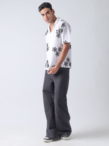 Black niddle work Casual shirt ,has a cuban collar, button placket, short regular sleeves, straight hem