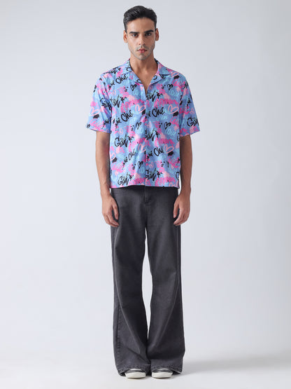 Purple printed plain weave Casual shirt ,has a cuban collar, button placket, short regular sleeves, straight hem