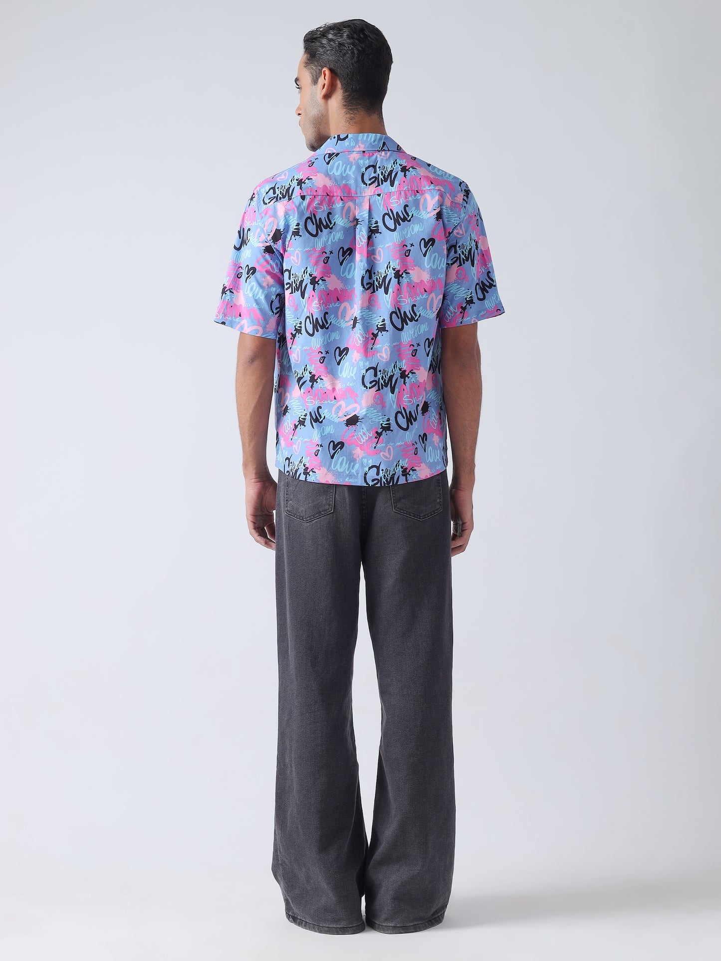 Purple printed plain weave Casual shirt ,has a cuban collar, button placket, short regular sleeves, straight hem