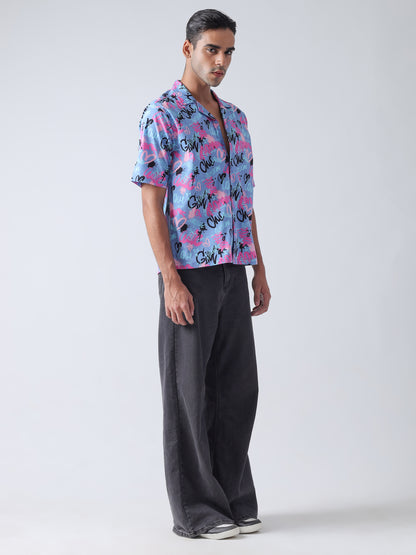 Purple printed plain weave Casual shirt ,has a cuban collar, button placket, short regular sleeves, straight hem