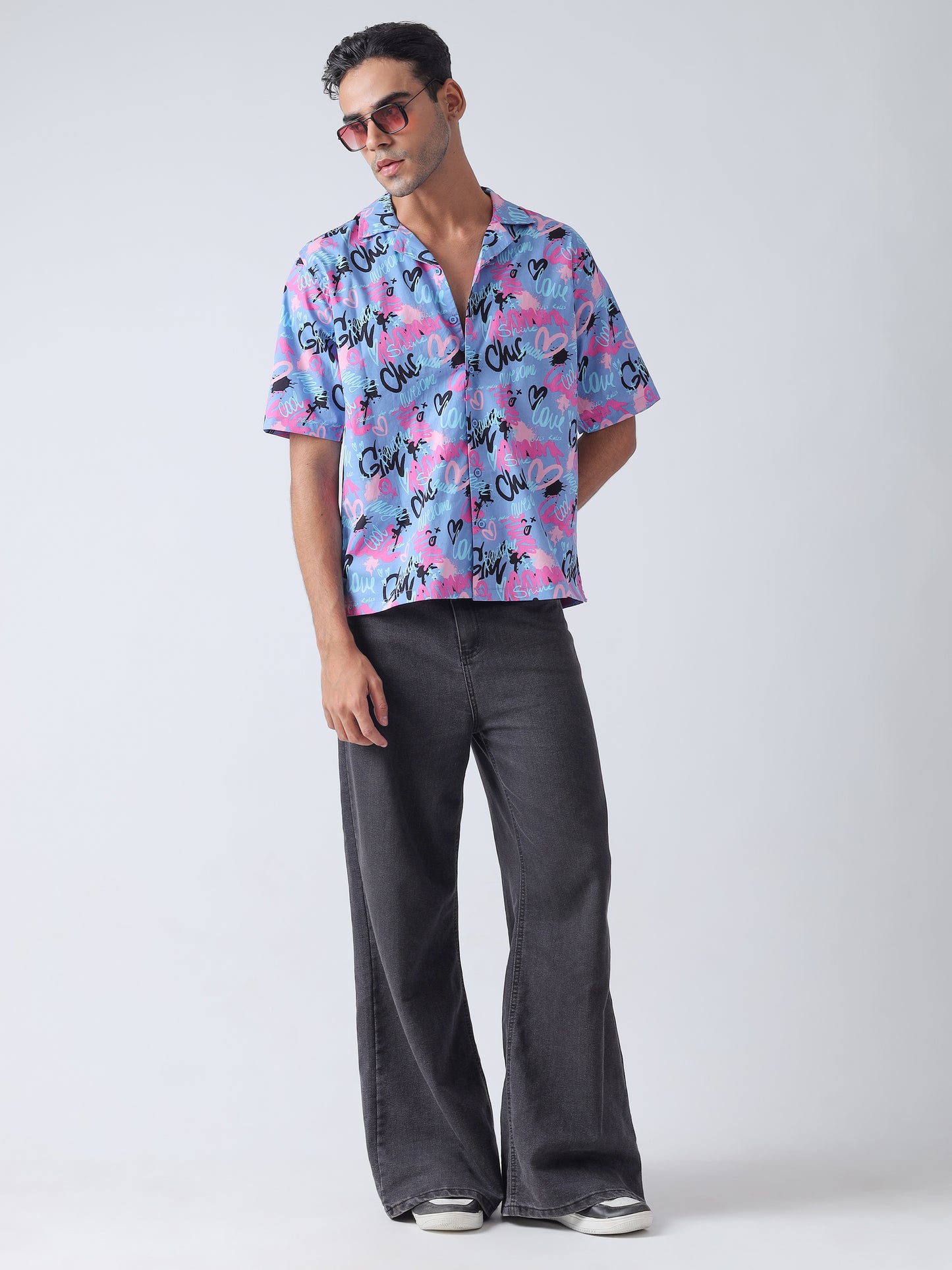 Purple printed plain weave Casual shirt ,has a cuban collar, button placket, short regular sleeves, straight hem