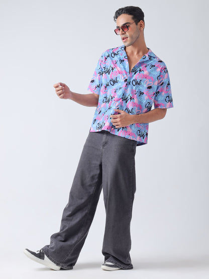 Purple printed plain weave Casual shirt ,has a cuban collar, button placket, short regular sleeves, straight hem