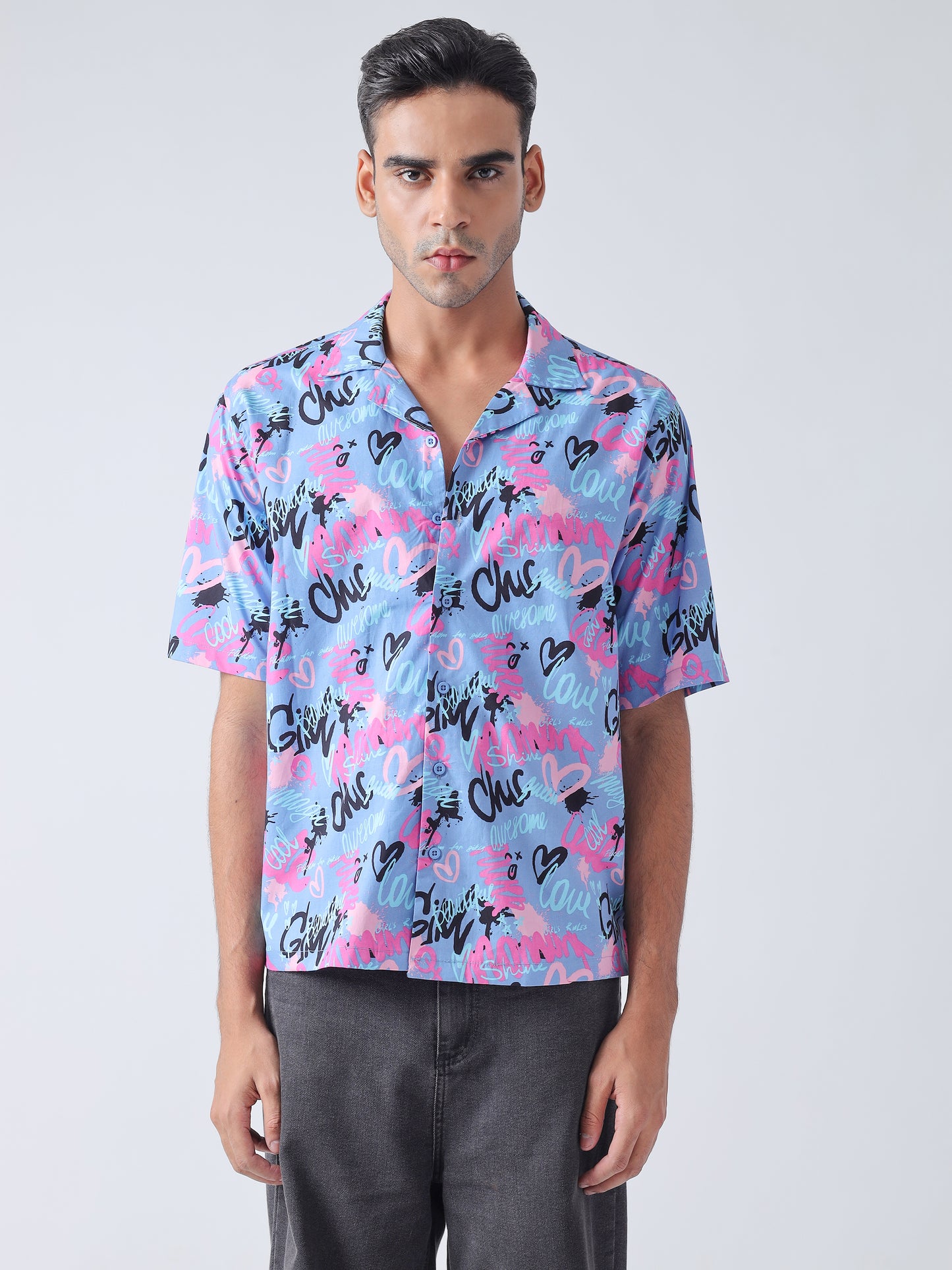 Purple printed plain weave Casual shirt ,has a cuban collar, button placket, short regular sleeves, straight hem