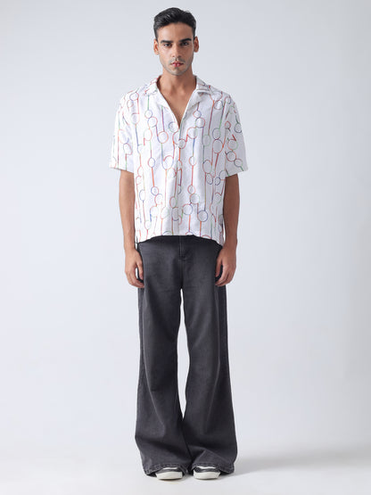 Multi  niddle work Casual shirt ,has a cuban collar, button placket, short regular sleeves, straight hem