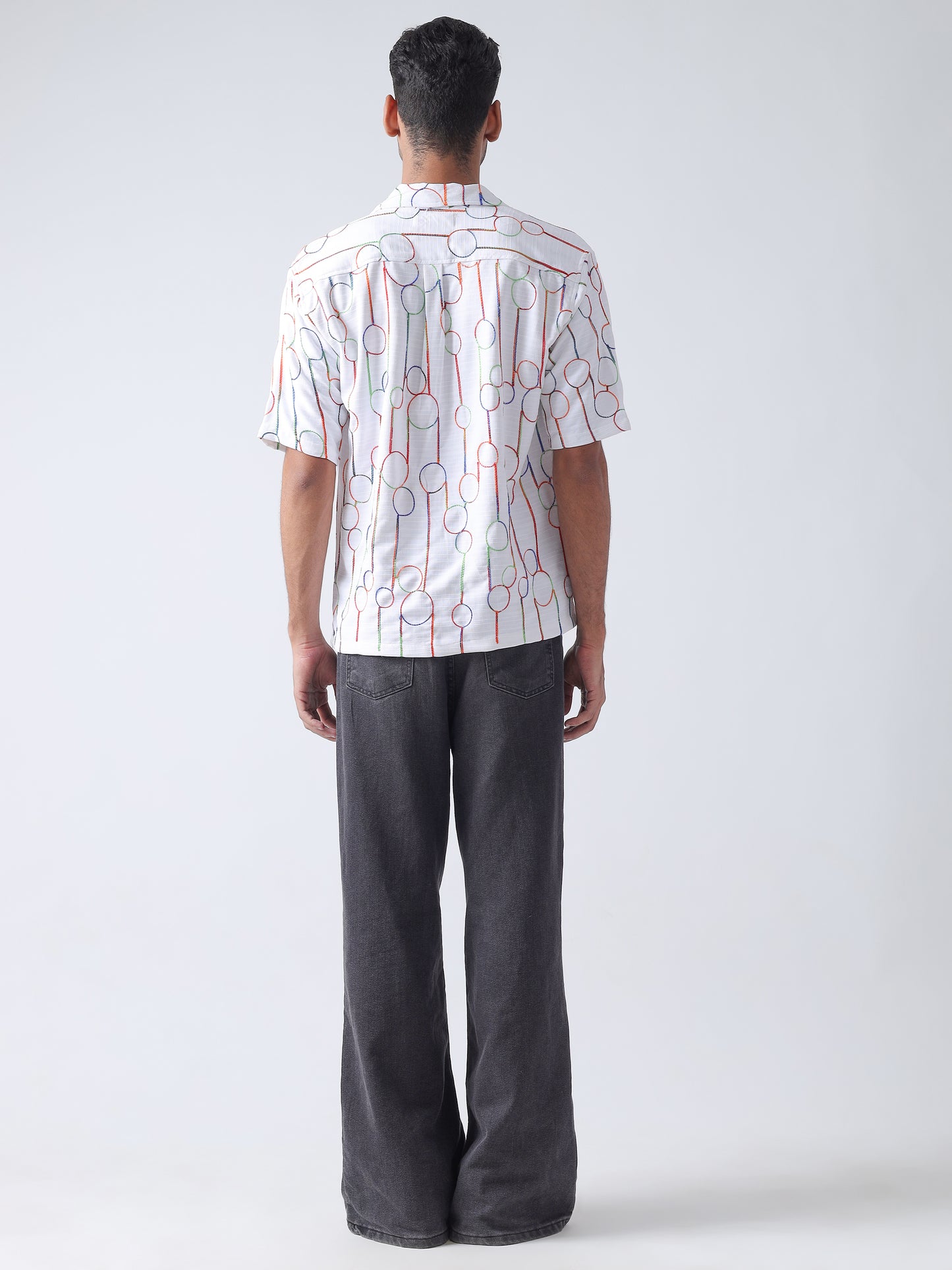 Multi  niddle work Casual shirt ,has a cuban collar, button placket, short regular sleeves, straight hem