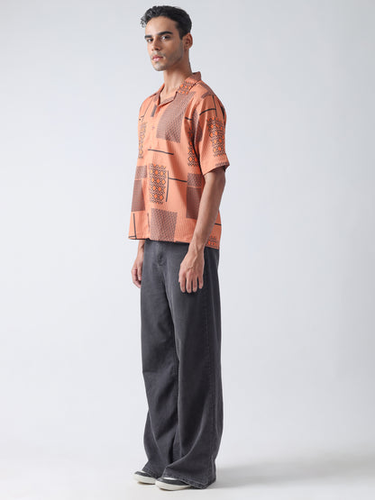 Burnt Orange Turkey Pleated With Printed Casual Shirt,Has A Cuban Collar, Button Placket, Short Regular Sleeves, Straight Hem