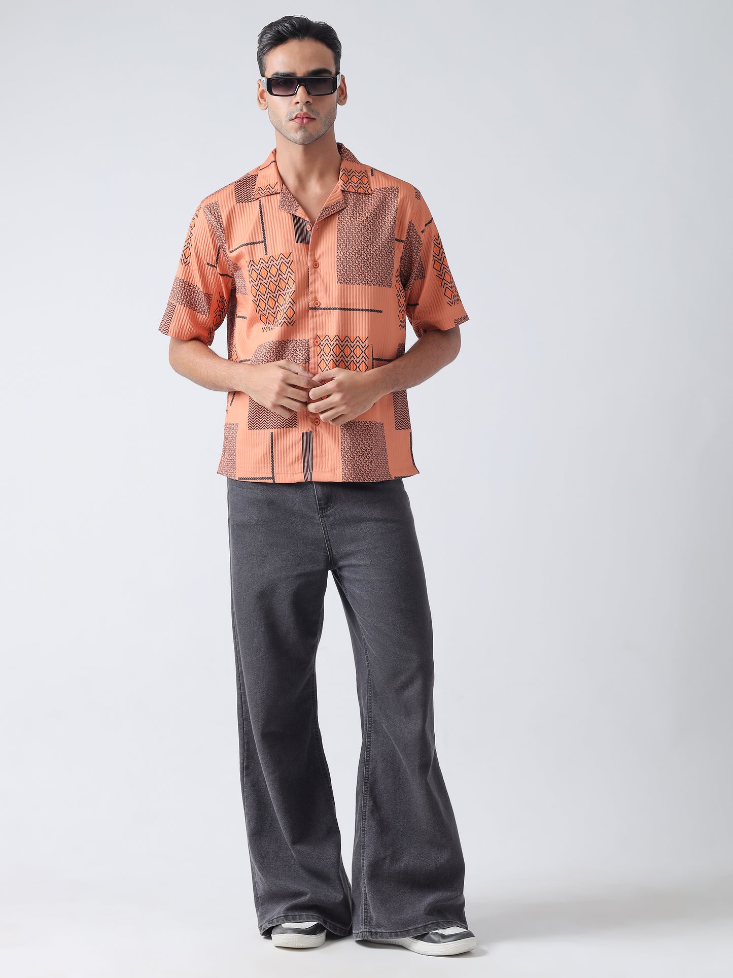 Burnt Orange Turkey Pleated With Printed Casual Shirt,Has A Cuban Collar, Button Placket, Short Regular Sleeves, Straight Hem