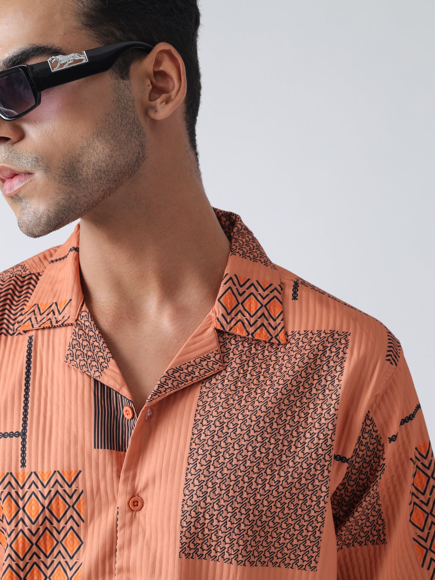 F&B Men's Polyester Oversized Fit Cuban Collar Turkey Striped Digital Printed Half Sleeve Shirt Burnt Orange