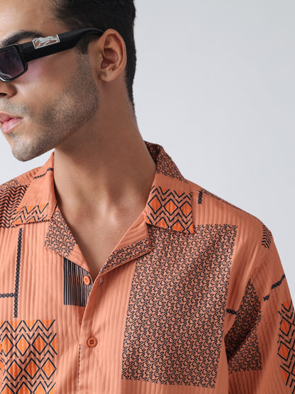 F&B Men's Polyester Oversized Fit Cuban Collar Turkey Striped Digital Printed Half Sleeve Shirt Burnt Orange