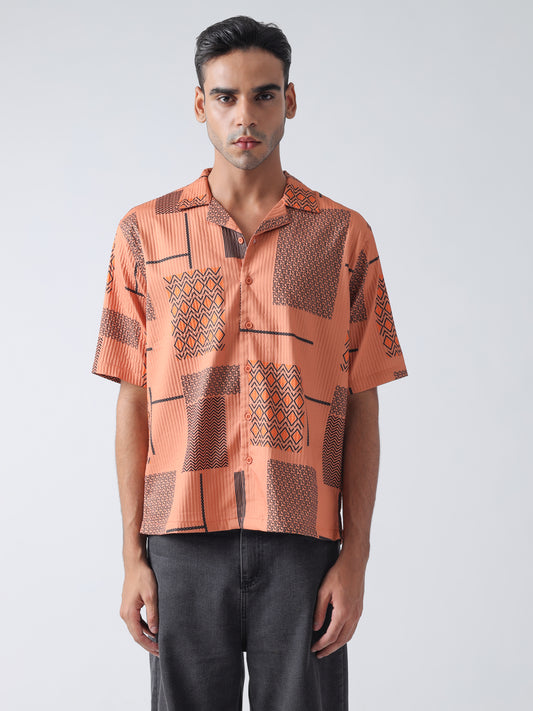 Burnt Orange Turkey Pleated With Printed Casual Shirt,Has A Cuban Collar, Button Placket, Short Regular Sleeves, Straight Hem