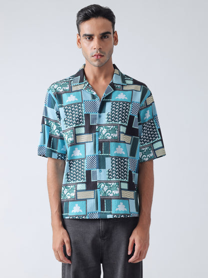 F&B Men's Polyester Oversized Fit Cuban Collar Turkey Striped Digital Printed Half Sleeve Shirt Teal