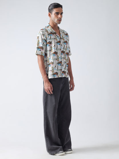 Multi Printed Casual Shirt, Has A Cuban Collar, Button Placket, Short Regular Sleeves, Straight Hem