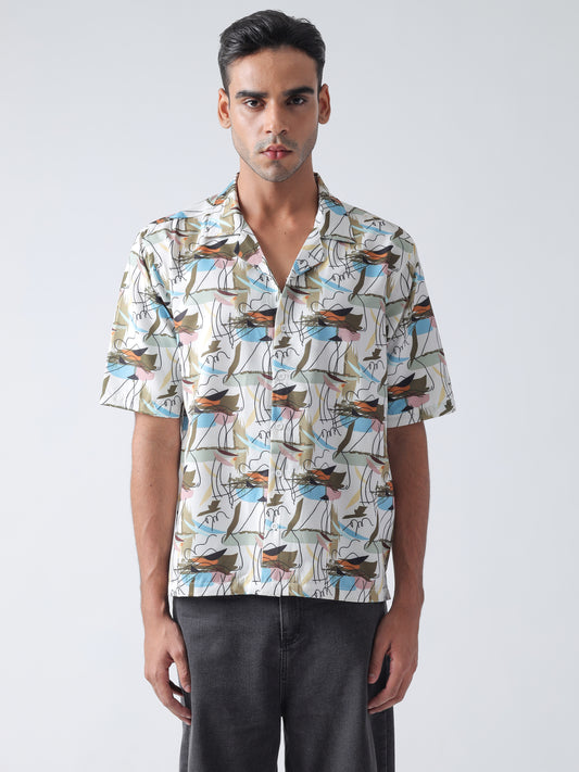 Multi Printed Casual Shirt, Has A Cuban Collar, Button Placket, Short Regular Sleeves, Straight Hem