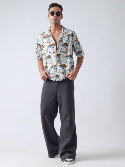 Multi Printed Casual Shirt, Has A Cuban Collar, Button Placket, Short Regular Sleeves, Straight Hem