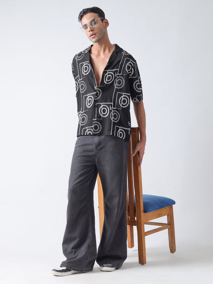 Black niddle work  Casual shirt ,has a cuban collar, button placket, short regular sleeves, straight hem