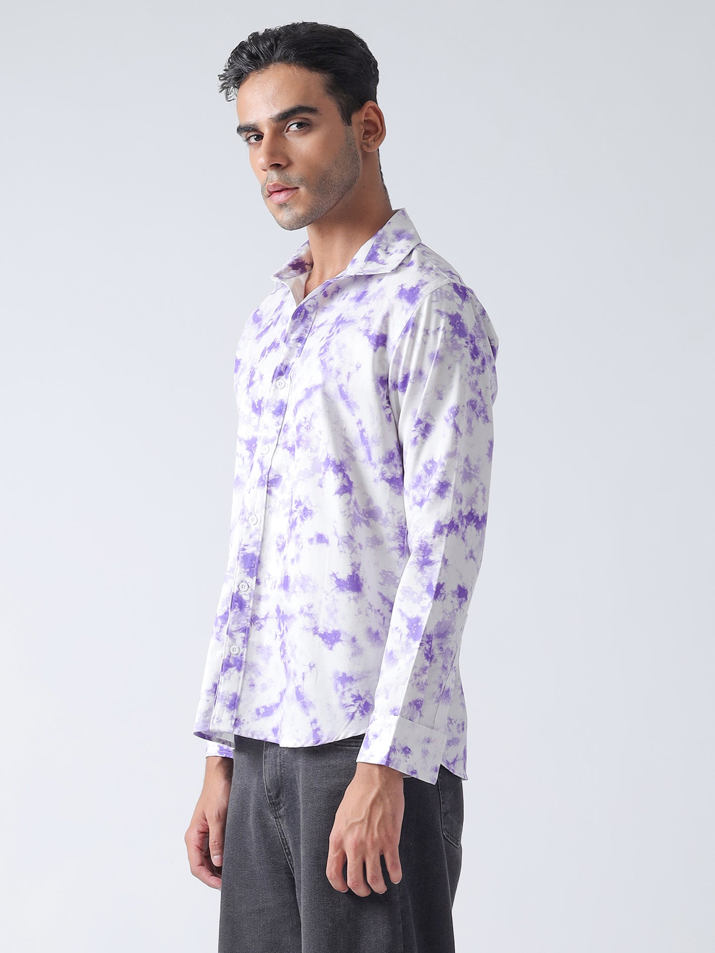 F&B Men's Cotton Slim Fit Twill Weave Cuban Collar Digital Print Full Sleeve Shirt Purple